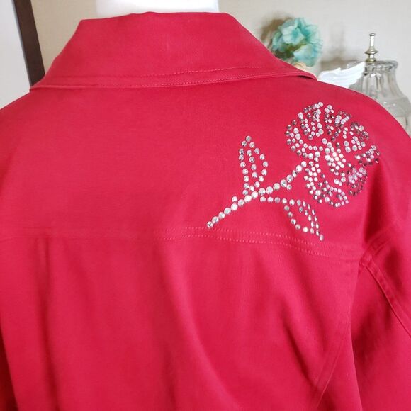 Pretty Quacker Factory Red Rhinestone Rose Jacket womens Plus size 2X - Picture 9 of 12
